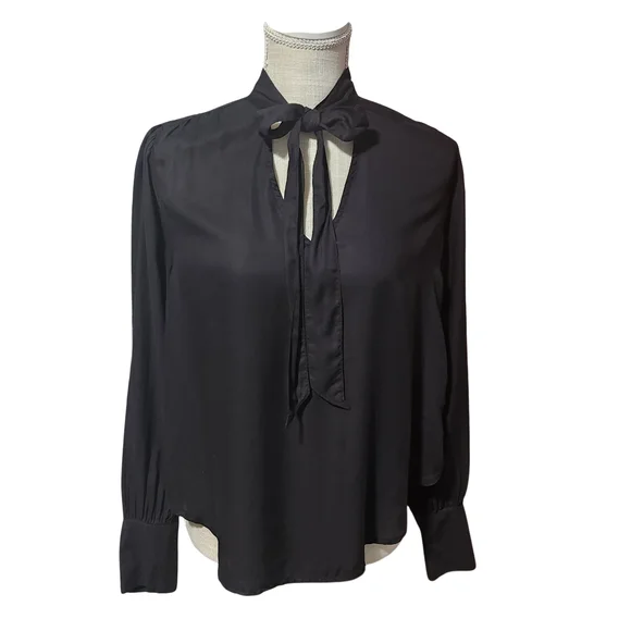 ANTHROPOLOGIE CLOTH STONE Tie Front Blouse Women Small Black Long Sleeve Career - Picture 2 of 14